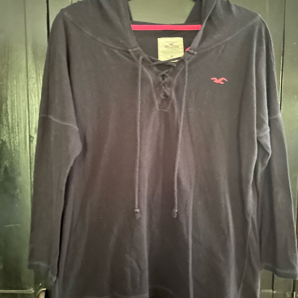 Hollister Navy Hoodie with Pink Emblem